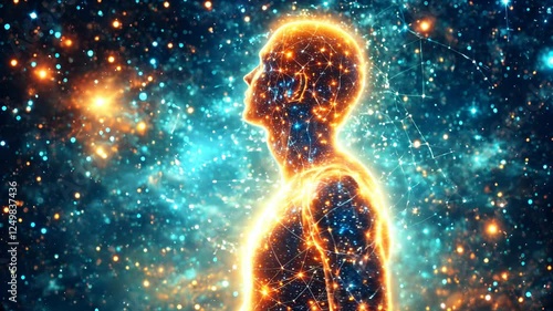The interconnectedness of all things. A human silhouette intertwined with a cosmic web of light represents the universal flow of energy.