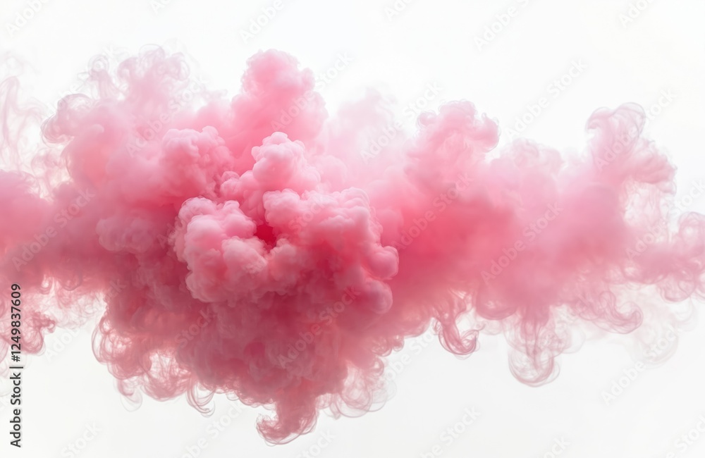 Fototapeta premium Abstract pink smoke cloud floats gently on white background. Delicate swirls, soft puffs create billowing effect. Pink vaporous mist adds touch of ethereal beauty. Creative art piece with elegant