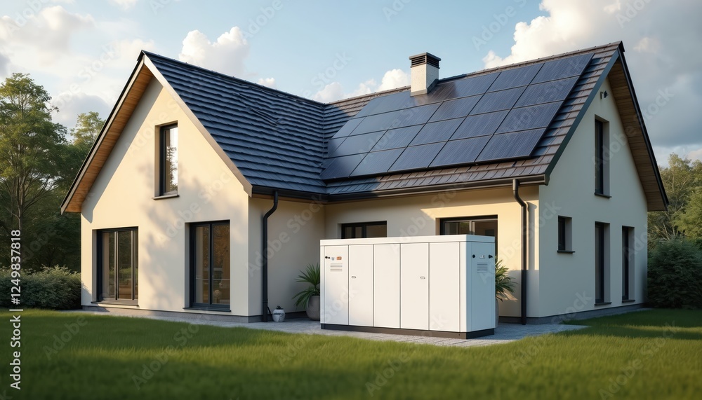 Modern house with integrated solar panels, battery storage system. Exterior view of home demonstrates eco-friendly tech. Stylish design integrates renewable energy solution. Future-proof home design Modern house with integrated solar panels, battery storage system. Exterior view of home demonstrates eco-friendly tech. Stylish design integrates renewable energy solution. Future-proof home design