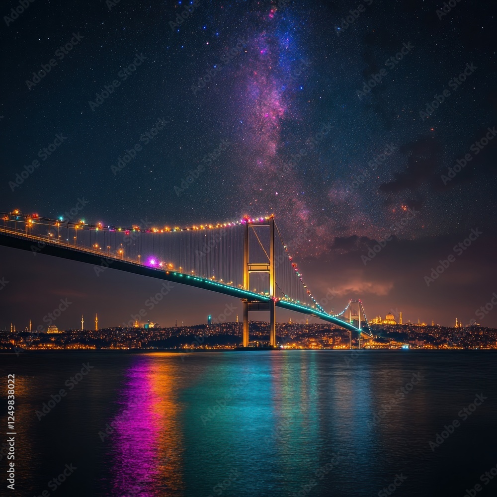 Fototapeta premium Night Sky Milky Way Istanbul Bridge Reflection