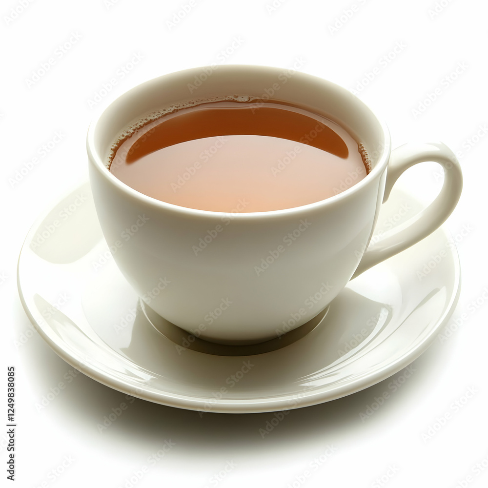 Hot tea in white cup and saucer on white background; perfect for breakfast or afternoon break Hot tea in white cup and saucer on white background; perfect for breakfast or afternoon break
