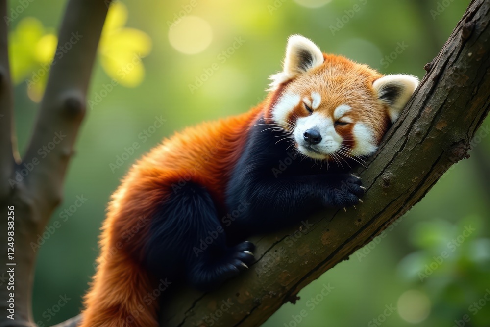 Fototapeta premium Snoozing red panda suspended upside down in a tree, branches, panda, nature
