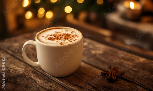 Cinnamon-Spiced Latte with Nutmeg Sprinkle, Perfect for Cozy Cafés and Winter-Themed Drinks photo