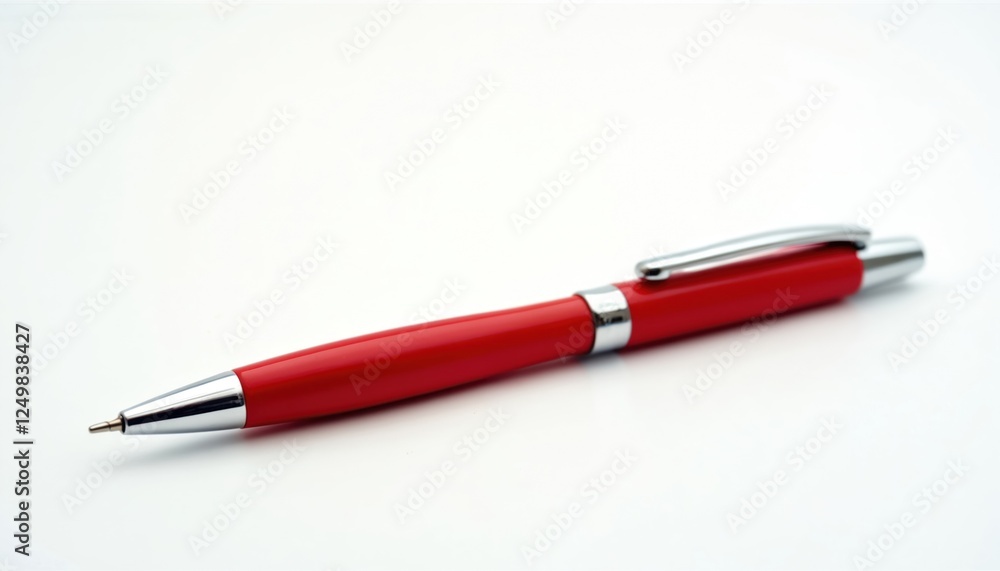 Close up view of red ballpoint pen on plain white surface. Bright red pen with silver accents lies diagonally across image. High quality writing tool. Modern office supply. Stylish, classic writing Close up view of red ballpoint pen on plain white surface. Bright red pen with silver accents lies diagonally across image. High quality writing tool. Modern office supply. Stylish, classic writing