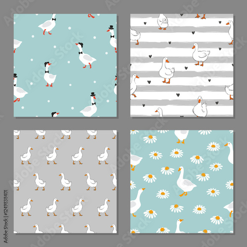Set of cute geese seamless patterns. Vector goose print for kids