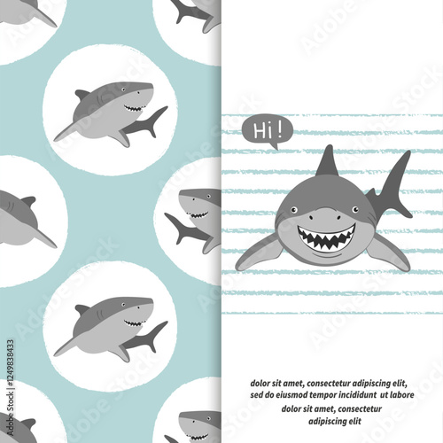 Cartoon smiling shark vector illustration for kids. Fabric design, baby print