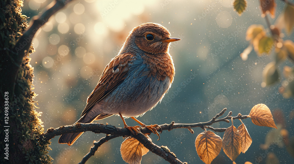 A small robin perched on a branch, bathed in warm sunlight with dust particles floating in the air. A small robin perched on a branch, bathed in warm sunlight with dust particles floating in the air.