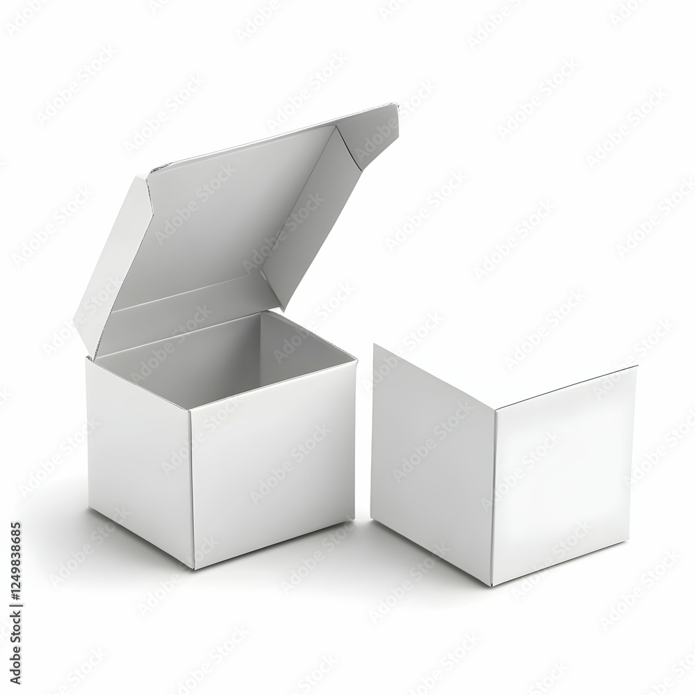 Two open white cardboard boxes on white background; packaging mockup Two open white cardboard boxes on white background; packaging mockup