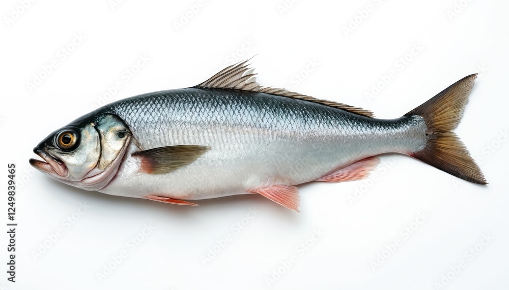 Fresh herring fish lies on white background. Whole raw fish displayed. Fish ready for cooking preparation. High quality food item. Natural lighting highlights texture, color. Suitable for seafood Fresh herring fish lies on white background. Whole raw fish displayed. Fish ready for cooking preparation. High quality food item. Natural lighting highlights texture, color. Suitable for seafood