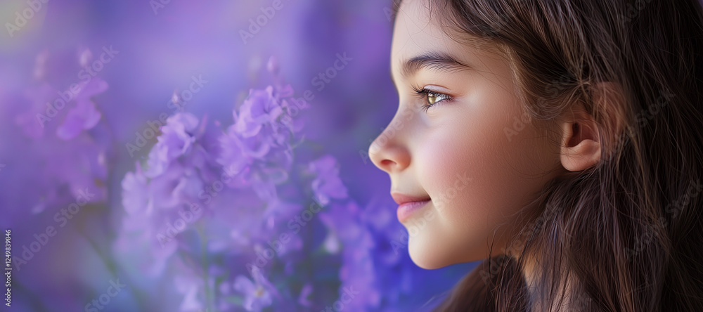 smile, photo of side profile portrait of a girl, international women's day. March 8, purple flowers background smile, photo of side profile portrait of a girl, international women's day. March 8, purple flowers background