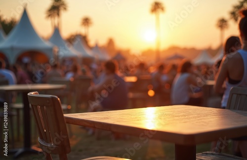 Outdoor music festival atmosphere at sunset. People relax, enjoy evening at tables. Large crowd gathers around tents, open-air stage. Festive vibes fill summer event. Relaxed outdoor seating area. photo