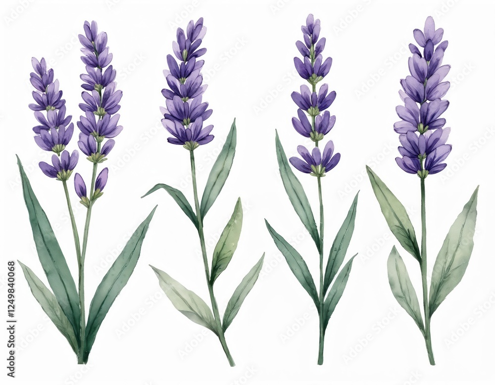 Naklejka premium Watercolor lavender flower illustration. Set of four lavender flowers. Delicate purple blossoms with light green leaves. Isolated on white background. Elegant design. Suitable for invitation cards,
