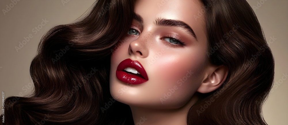 Red lips retro makup.Portrait of young beautiful woman with elegant make-up and perfect hairstyle.A captivating beauty portrait of a flawless model, an editorial fashion shoot. Generative AI. Red lips retro makup.Portrait of young beautiful woman with elegant make-up and perfect hairstyle.A captivating beauty portrait of a flawless model, an editorial fashion shoot. Generative AI.
