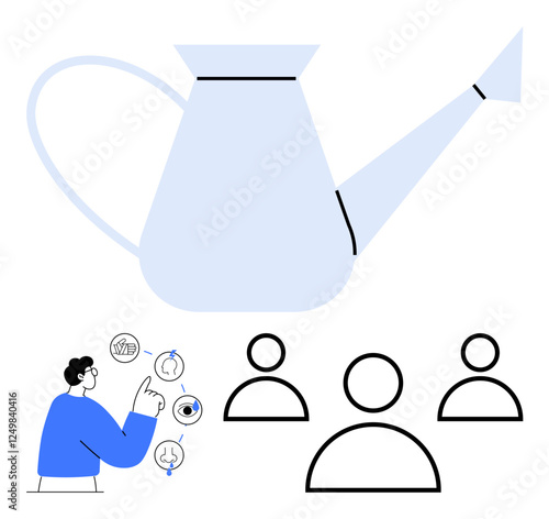 Large watering can symbolizing growth and nurture with a person analyzing icons and three abstract human figures. Ideal for teamwork, HR, leadership, growth, mentoring, personal development, abstract