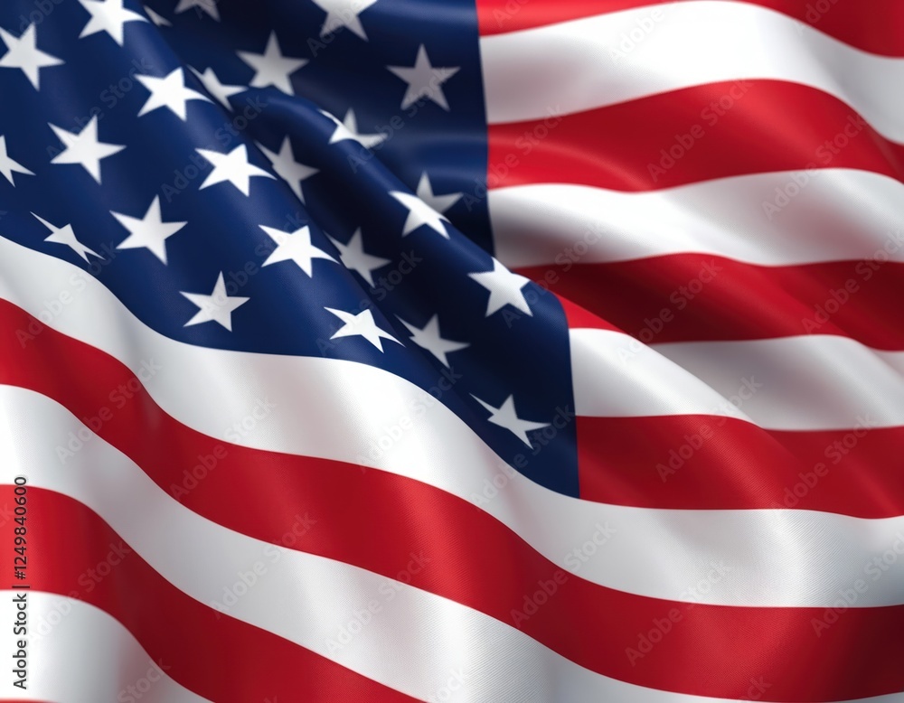 Fototapeta premium American flag waves. Red white, blue stripes, stars. National symbol. Patriotism. Independence. Freedom. Celebrates USA. Proudly displayed. Waving flag. Great symbol. Historic significance. Patriotic