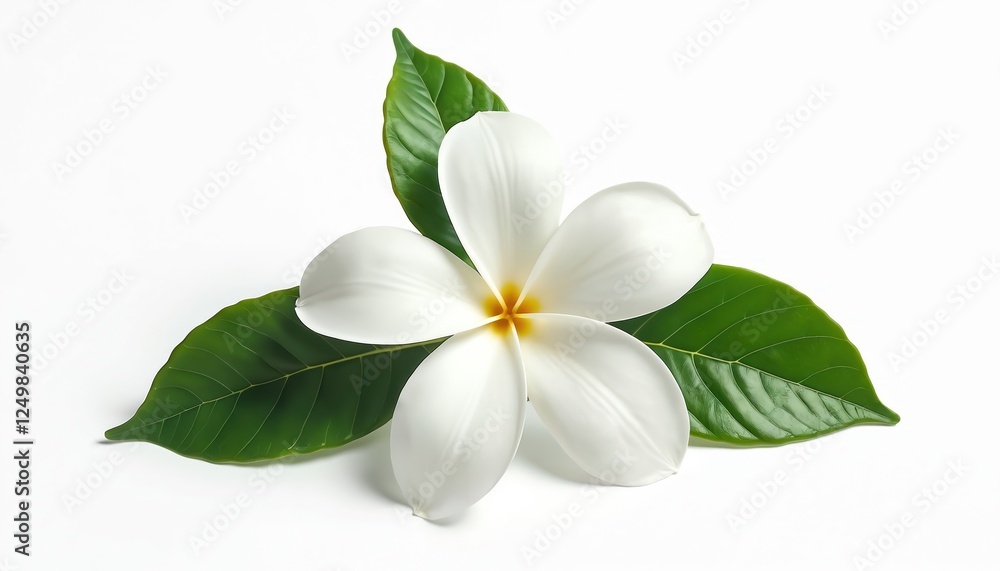 Obraz premium White jasmine flower with green leaves on transparent background. Isolated floral design for spa products beauty brands. Freshness, elegance. Simple image perfect for creating serene, calming