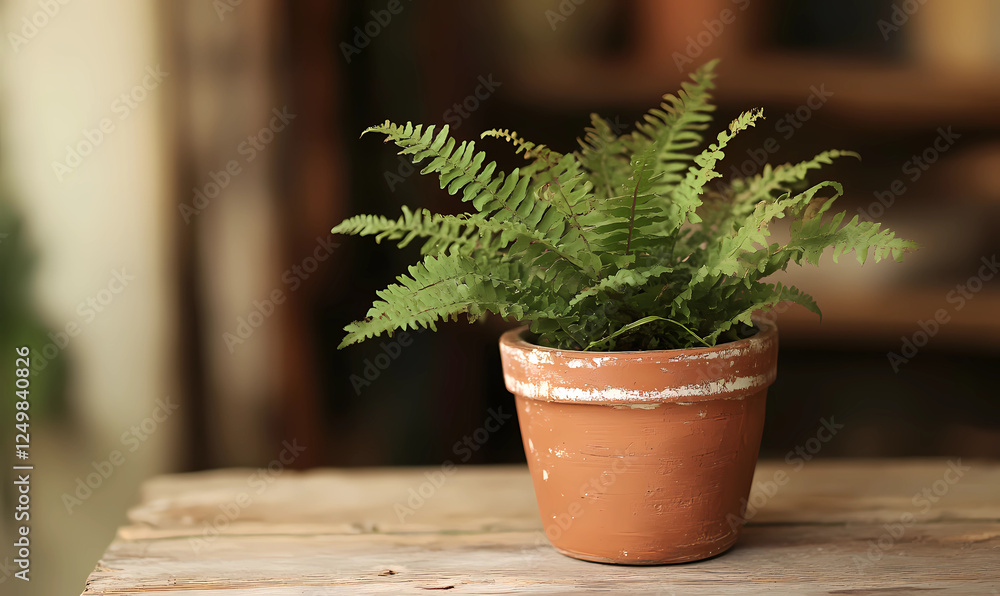 Emerald Fern Sprouting in Terracotta Pot, Representing Nature and Indoor Plant Décor Emerald Fern Sprouting in Terracotta Pot, Representing Nature and Indoor Plant Décor