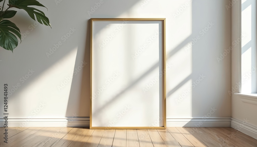 Empty golden frame on white wall with sunlight and shadows. Modern interior design. Blank display for artwork. Bright and airy room. Elegant minimalist style. Clean lines. Simple presentation. Empty golden frame on white wall with sunlight and shadows. Modern interior design. Blank display for artwork. Bright and airy room. Elegant minimalist style. Clean lines. Simple presentation.