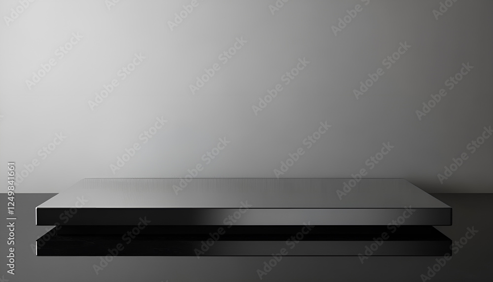 Minimalist metal platform on polished surface with neutral background Minimalist metal platform on polished surface with neutral background