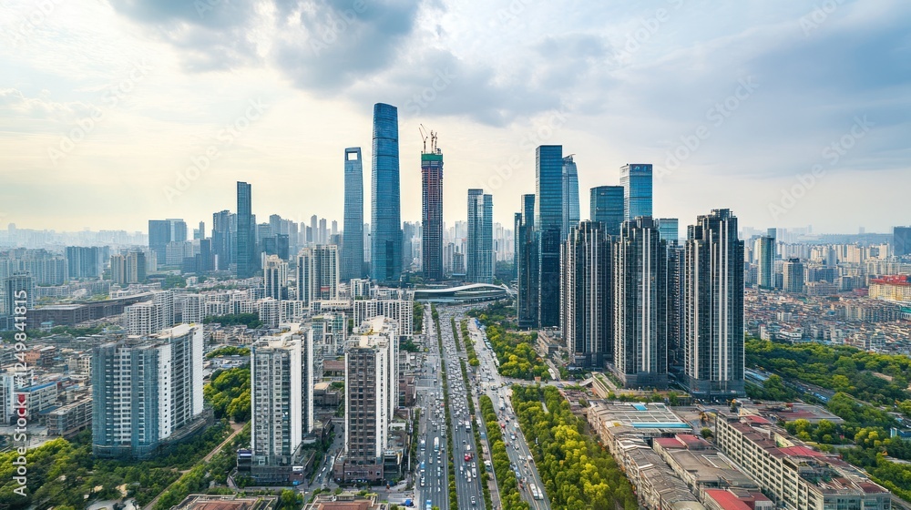 Obraz premium Aerial View of Modern Cityscape with Skyscrapers and Urban Development