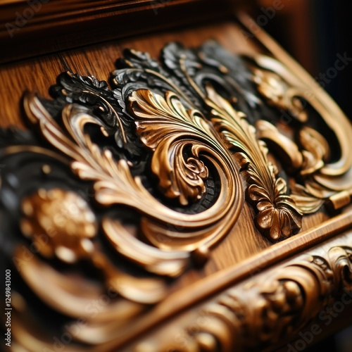 Ornate wood carvings, detailed close-up, furniture piece, rich background photo