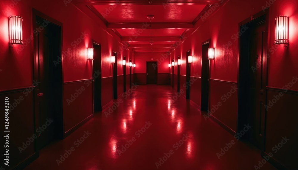 Red hallway in hotel. Empty, long corridor. Dark, creepy atmosphere. Stylish interior with dark doors, walls. Perspective creates sense of mystery. Elegant lighting red color. Suitable for horror