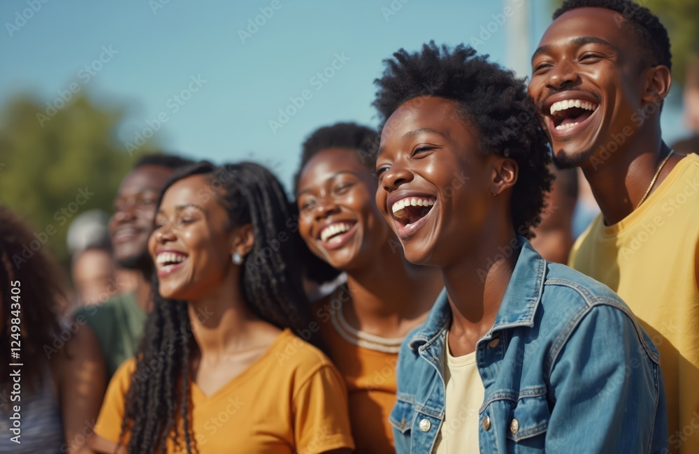 Group of young African Americans having fun outdoors. They are laughing and smiling. Looks like gathering in park or public place. Atmosphere is joyful and friendly. They look happy and excited. Group of young African Americans having fun outdoors. They are laughing and smiling. Looks like gathering in park or public place. Atmosphere is joyful and friendly. They look happy and excited.