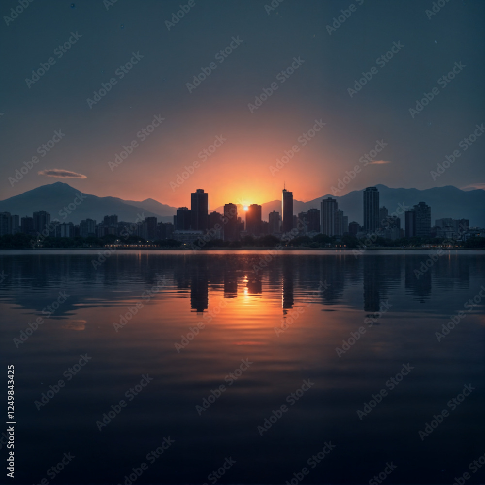 Obraz premium a serene lakeside view at dusk, with a city skyline in the background. The sun is setting, casting warm orange and yellow hues over the scene, and the calm lake reflects the silhouet