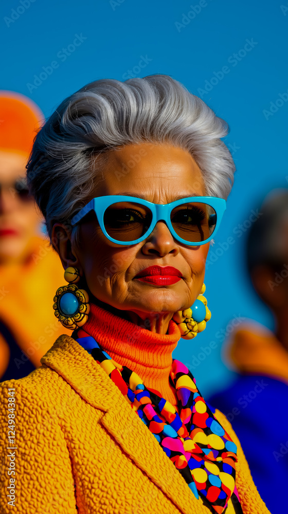 A woman wearing a yellow jacket and blue sunglasses A woman wearing a yellow jacket and blue sunglasses