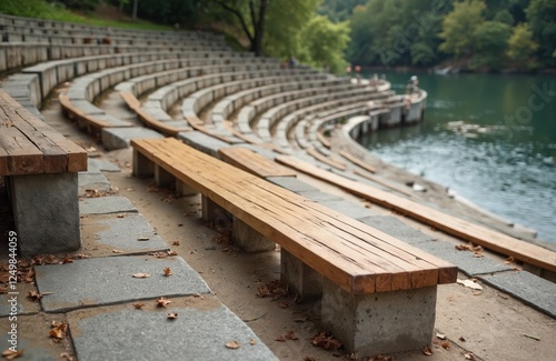 Amphitheater-style seating overlooks calm river. Wooden benches line tiered concrete steps. Cobblestone pathways lead to waterfront promenade. Tranquil urban park scene. People may sit, relax, enjoy photo