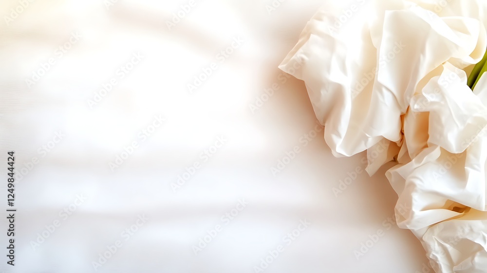 Elegant white flowers arranged on a soft white surface, creating a serene and peaceful atmosphere Elegant white flowers arranged on a soft white surface, creating a serene and peaceful atmosphere