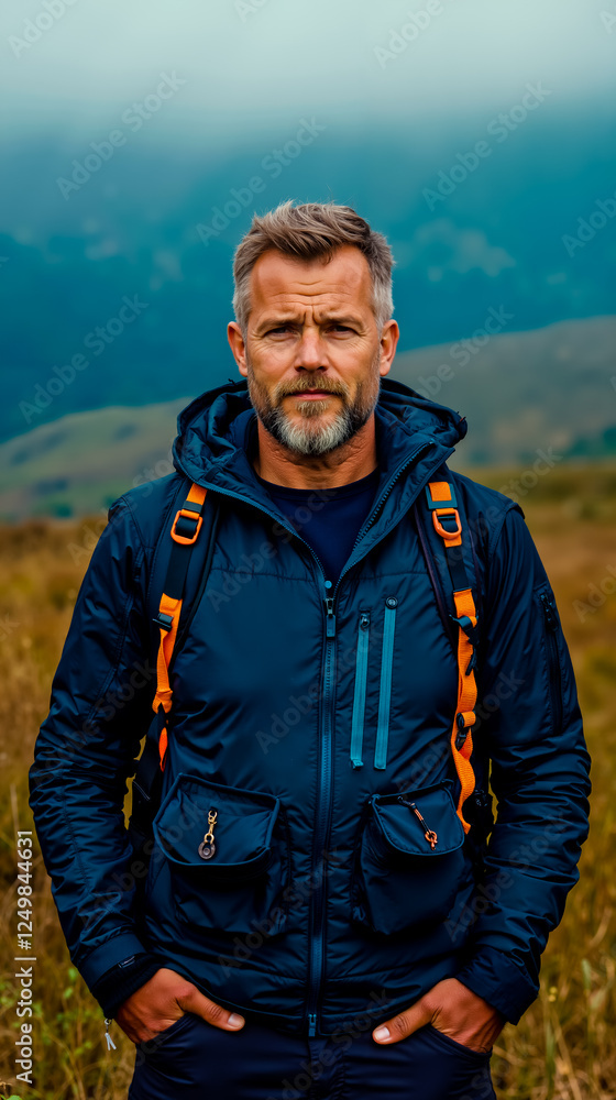 A man standing in a field with a backpack A man standing in a field with a backpack