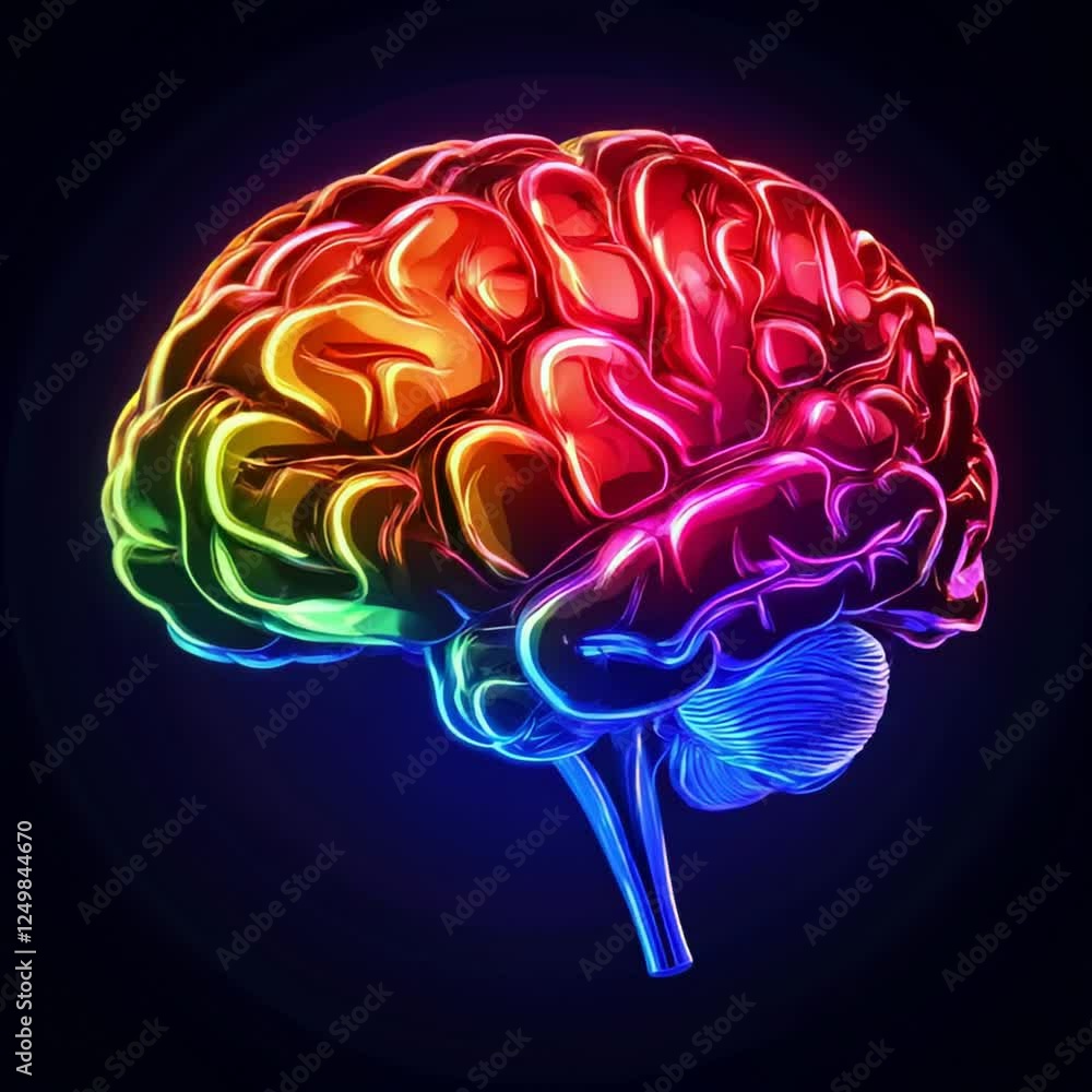 Glowing human brain pulsating with vibrant neon rainbow colors, revealing intricate neural networks against dark atmospheric background Glowing human brain pulsating with vibrant neon rainbow colors, revealing intricate neural networks against dark atmospheric background