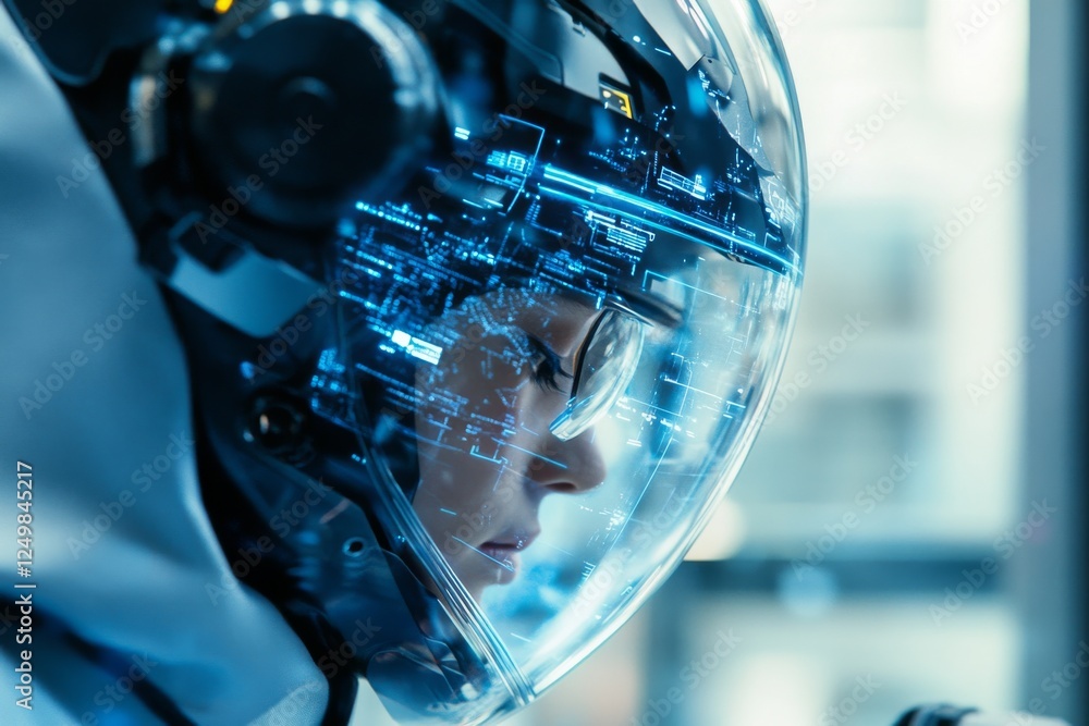 Close-up of an astronaut focusing on digital interface inside a futuristic helmet during a space mission simulation Close-up of an astronaut focusing on digital interface inside a futuristic helmet during a space mission simulation