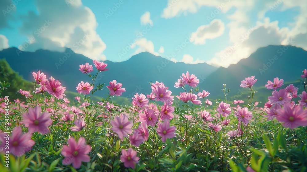 Obraz premium Pink flowers field, mountain backdrop, vibrant, serene landscape