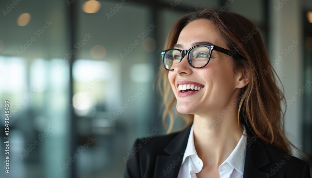 Happy young professional woman looks happily at job opportunities in modern office. Confident businesswoman wearing glasses smiles, shows positive attitude. Interior photo of female executive shows Happy young professional woman looks happily at job opportunities in modern office. Confident businesswoman wearing glasses smiles, shows positive attitude. Interior photo of female executive shows