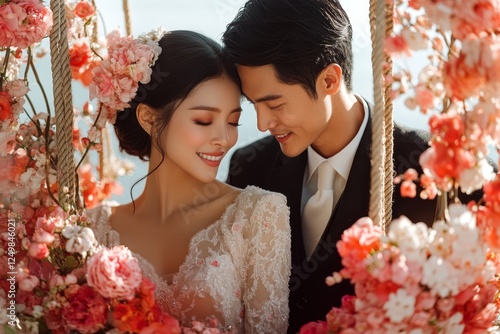 Couple's romantic seaside swing wedding photo