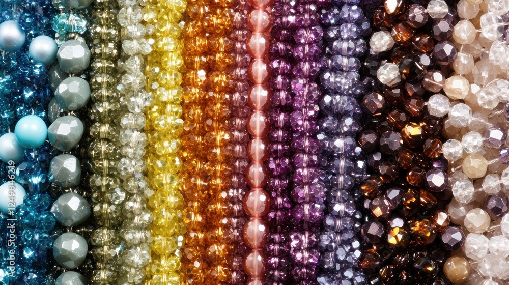 Colorful Crystal Beads Strands Displaying Rainbow Hues and Textures Colorful Crystal Beads Strands Displaying Rainbow Hues and Textures