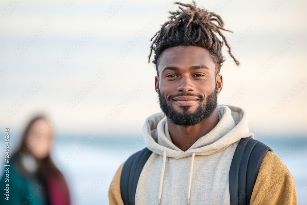 Smiling man poses at the beach with a friend in the background during a sunny day Smiling man poses at the beach with a friend in the background during a sunny day