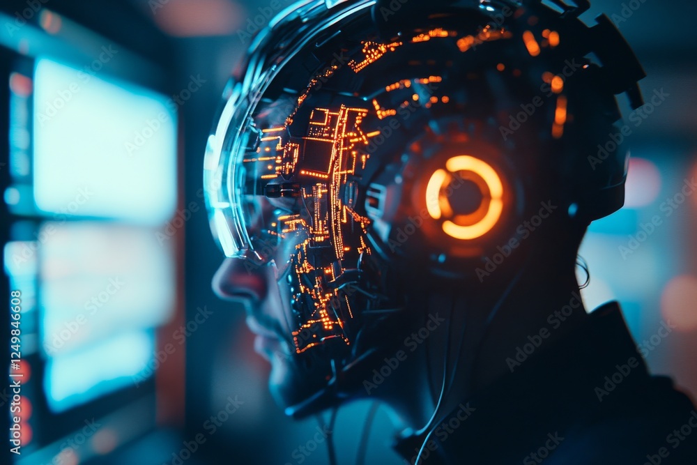 Futuristic helmet worn by a person displaying vibrant circuitry in a tech-savvy environment during nighttime hours Futuristic helmet worn by a person displaying vibrant circuitry in a tech-savvy environment during nighttime hours