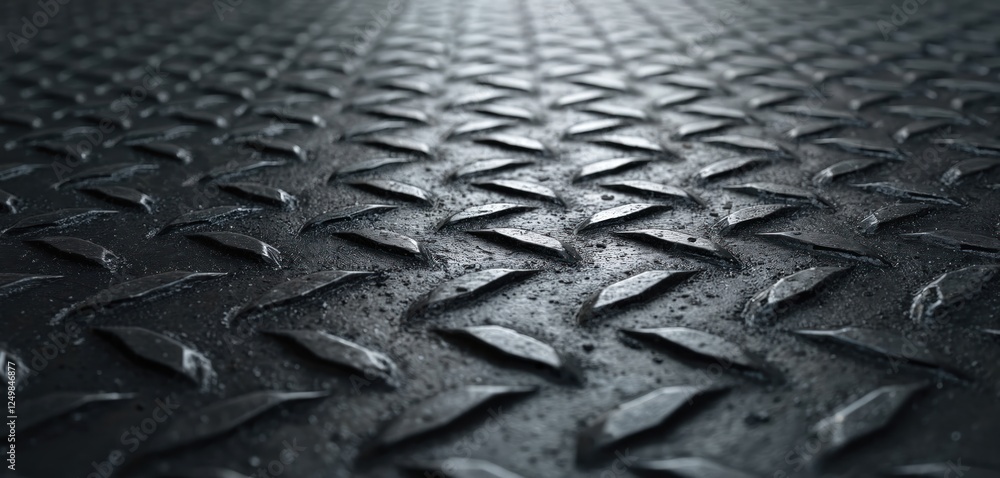 Close-up view of dark gray diamond plate steel floor. Pattern repeating, creates strong industrial texture. Surface slightly rough, gritty. Seamless background ideal for industrial design, Close-up view of dark gray diamond plate steel floor. Pattern repeating, creates strong industrial texture. Surface slightly rough, gritty. Seamless background ideal for industrial design,