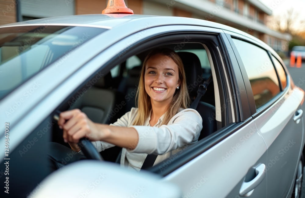 Happy young female learner driver sits inside car. Smiles confidently holding steering wheel. Safety features like seatbelt visible. Ready for driving school test. Photo shows beginner driver during Happy young female learner driver sits inside car. Smiles confidently holding steering wheel. Safety features like seatbelt visible. Ready for driving school test. Photo shows beginner driver during