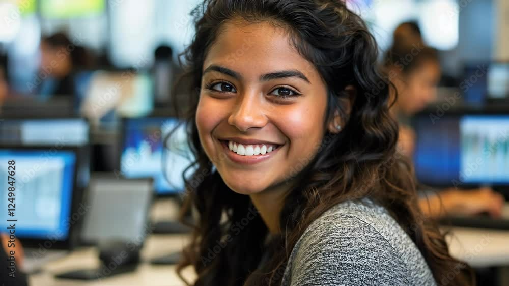Young woman smiles brightly while studying in a modern classroom with computer stations and peers around her Young woman smiles brightly while studying in a modern classroom with computer stations and peers around her
