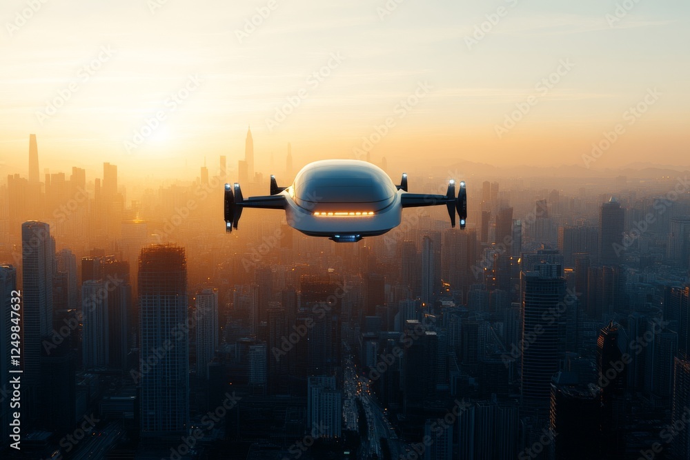 Naklejka premium Futuristic flying vehicle soaring above a modern city skyline at sunrise