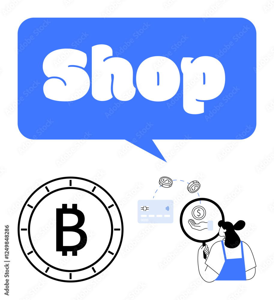 Bitcoin symbol, speech bubble with Shop, and woman analyzing financial data. Ideal for e-commerce, cryptocurrency, online transactions, fintech, digital wallets, blockchain cashless societies Bitcoin symbol, speech bubble with Shop, and woman analyzing financial data. Ideal for e-commerce, cryptocurrency, online transactions, fintech, digital wallets, blockchain cashless societies
