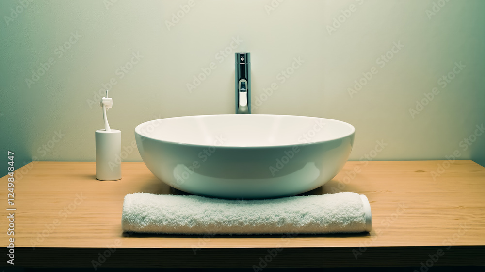 A white sink sitting on top of a wooden counter next to a toothbrush A white sink sitting on top of a wooden counter next to a toothbrush