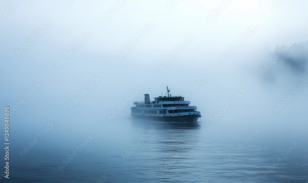 Ferry Crossing the Bay, Isolated with Fog Rolling In for Serene Maritime Landscape Photography Ferry Crossing the Bay, Isolated with Fog Rolling In for Serene Maritime Landscape Photography