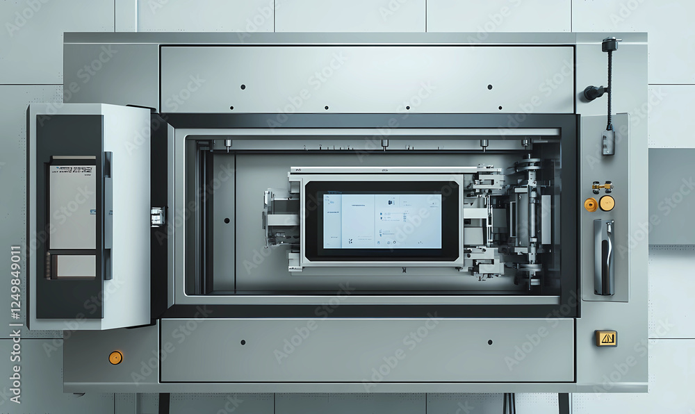 Obraz premium Modern mechanical press with an integrated touchscreen, symbolizing innovation in industrial equipment and automation