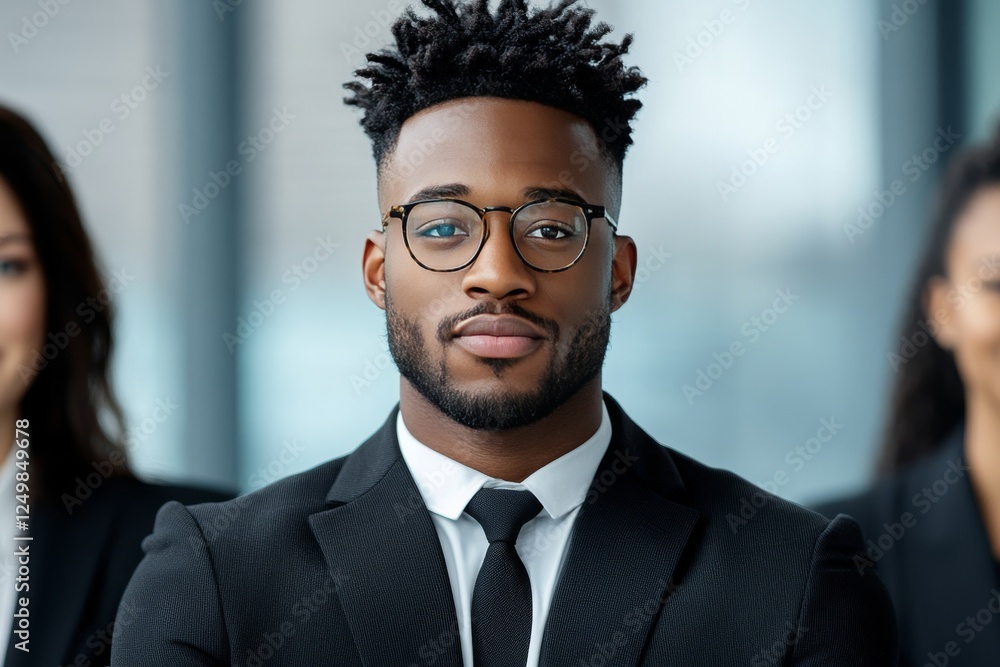 Confident professional man poses in formal attire during business presentation at office location Confident professional man poses in formal attire during business presentation at office location