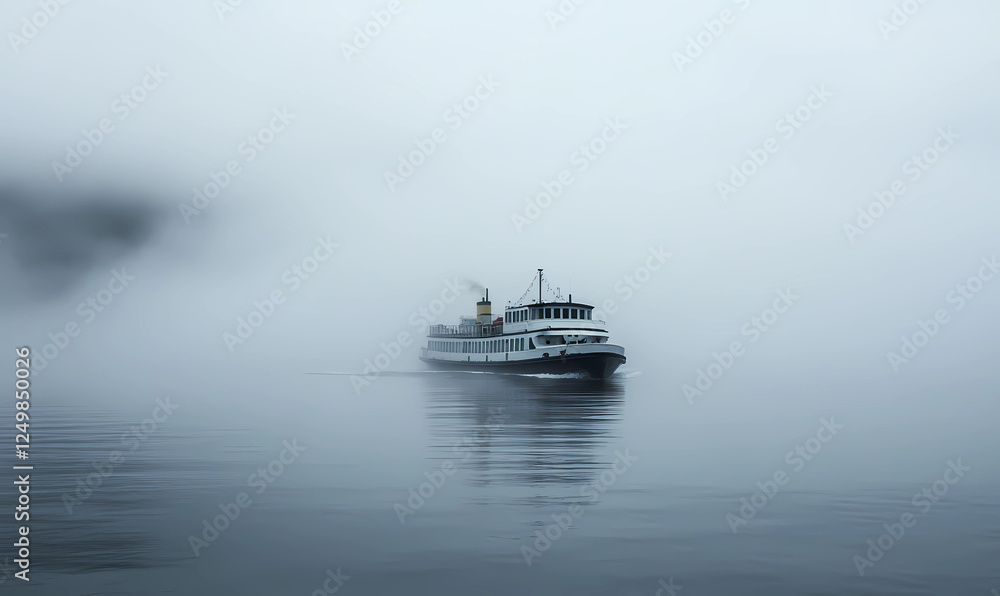 Ferry Crossing the Bay, Isolated in Fog for Serene Maritime Landscape Photography Ferry Crossing the Bay, Isolated in Fog for Serene Maritime Landscape Photography